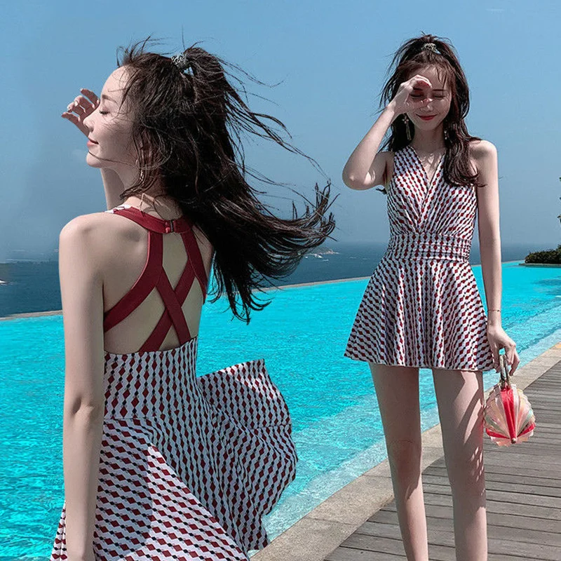 

Women's Belly Covered Slim Bathing Hot Spring One Piece Conservative Swimwear Red White Dot Korean Style Beachwear Swimsuit