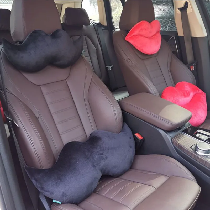 

Plush Car Seat Headrest Neck Pillow Cute Cartoon Red Lips Black Beard Style Waist Support Cushion Car Interior Accessories