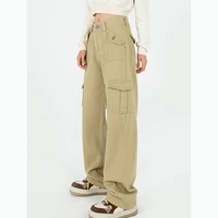 womans cargo jeans high waist summer wide leg denim trouser baggy street chic design ladies khaki vintage straight jean pants