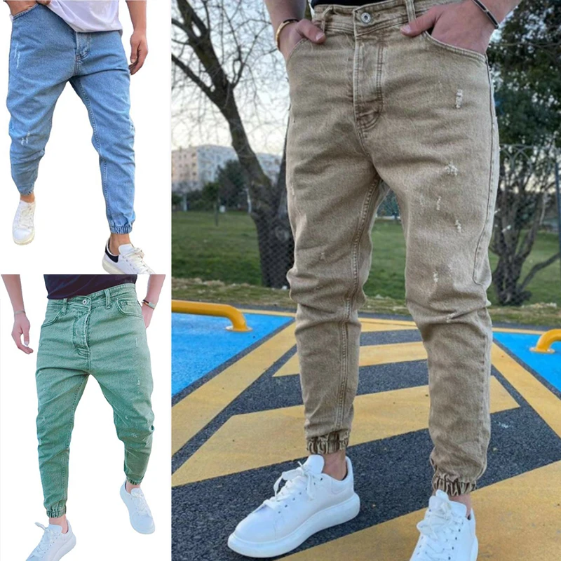 Men Streetwear Khaki Ripped Jeans US Skinny Slim Fit Elasticity Hip Hop Denim Trousers New Casual Jeans Mens Jogging Pants homme