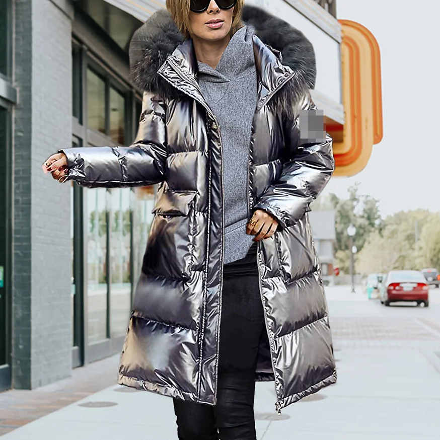 Women White Duck Coat Winter Long Silver Shiny Down Jacket Korean Loose Padded Big Fur Hooded Warm Cotton Harajuku Jacket Female