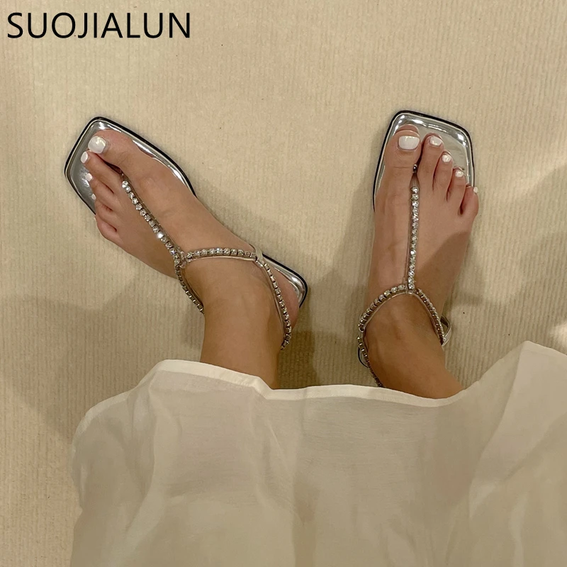 

Сандалии SUOJIALUN женские с узкими ремешками, брендовые элегантные шлепанцы, сланцы, плоский каблук, ремешок на щиколотке, для отдыха, летняя мо...