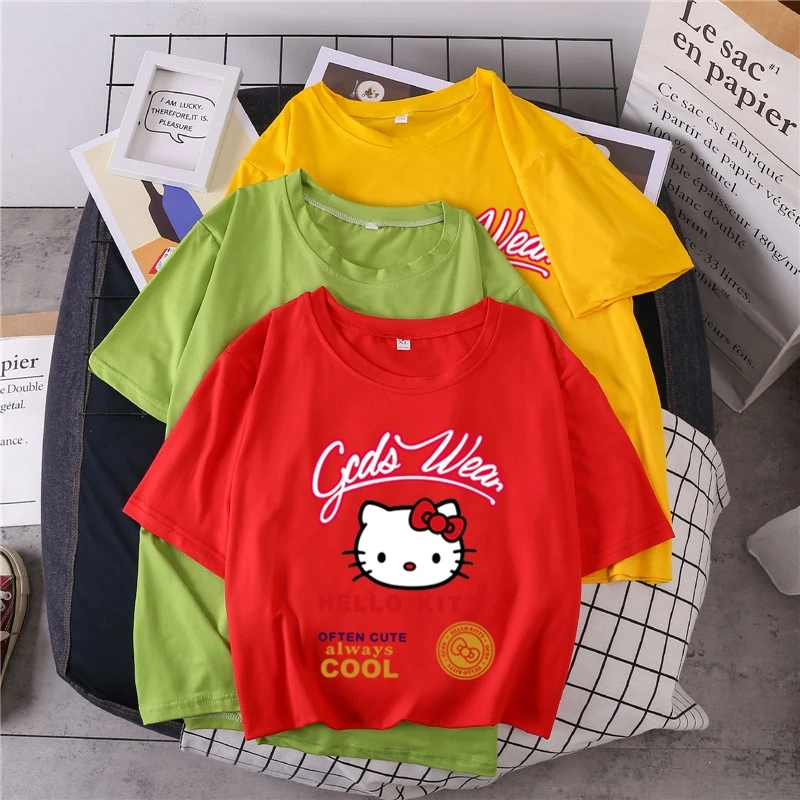 

Sanrio T-Shirt Hello Kitty Print Cute Cat Unisex Kawaii Clothes Oversized T Shirt Graphic Tee Harajuku Streetwear Women Top
