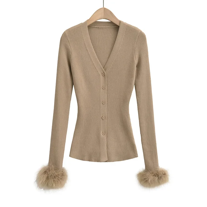 Осенний новый однобортный вязаный свитер с длинными рукавами и v-образным