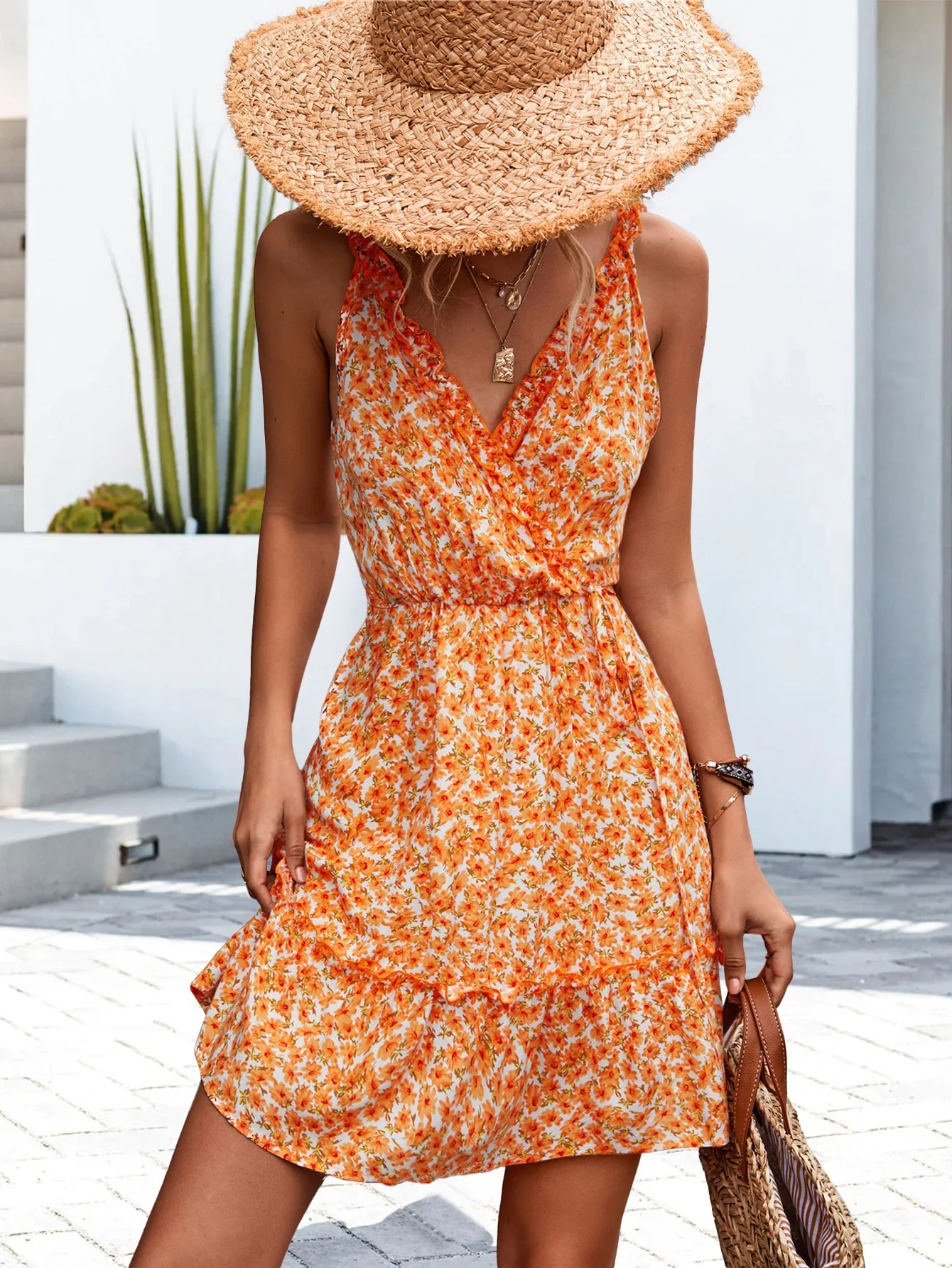 

Летний оранжевый сарафан Foridol с цветочным принтом, женское мини-платье без рукавов в стиле бохо, пляжное платье с оборками и поясом, повседневные платья
