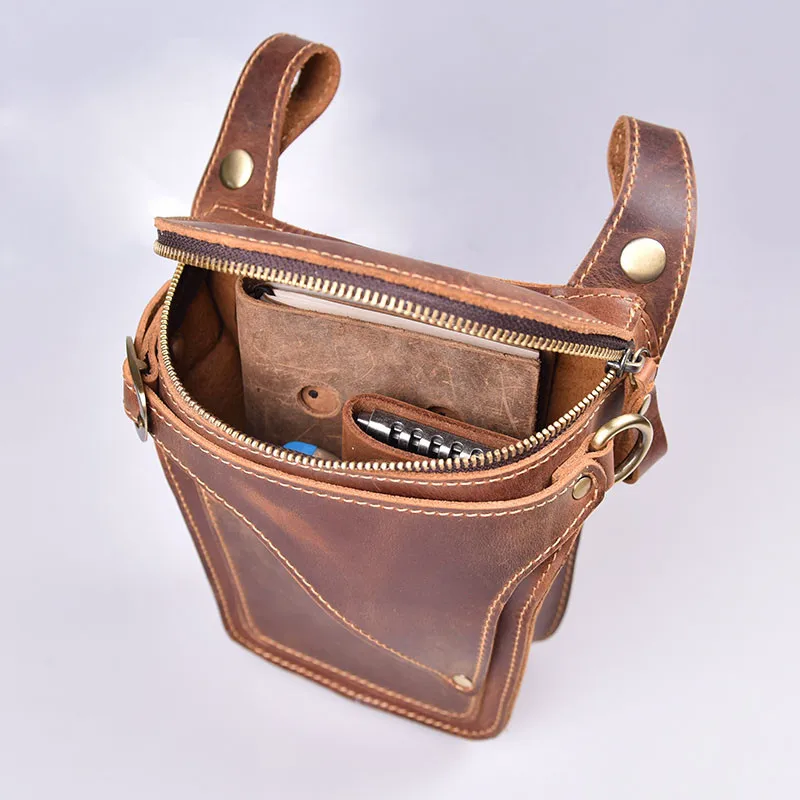 Vintage crazy horse cowhide men's waist pack casual high-quality natural genuine leather motorcycle belt bag runner phone bag