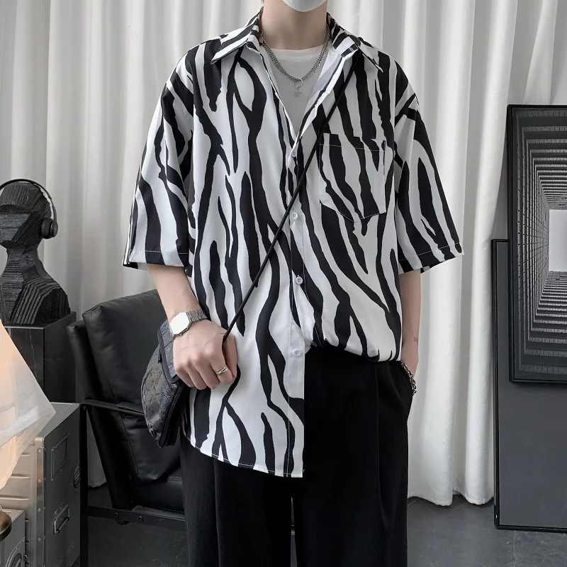 

Летняя свободная Мужская рубашка в гонконгском стиле с короткими рукавами и принтом зебры для отдыха, большая пляжная рубашка в стиле INS, 2021