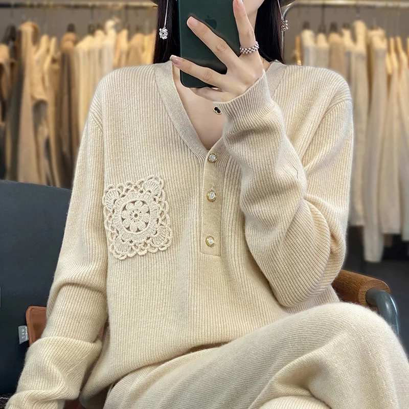 Женский кашемировый свитер V-образный вырез вязание крючком на пуговицах