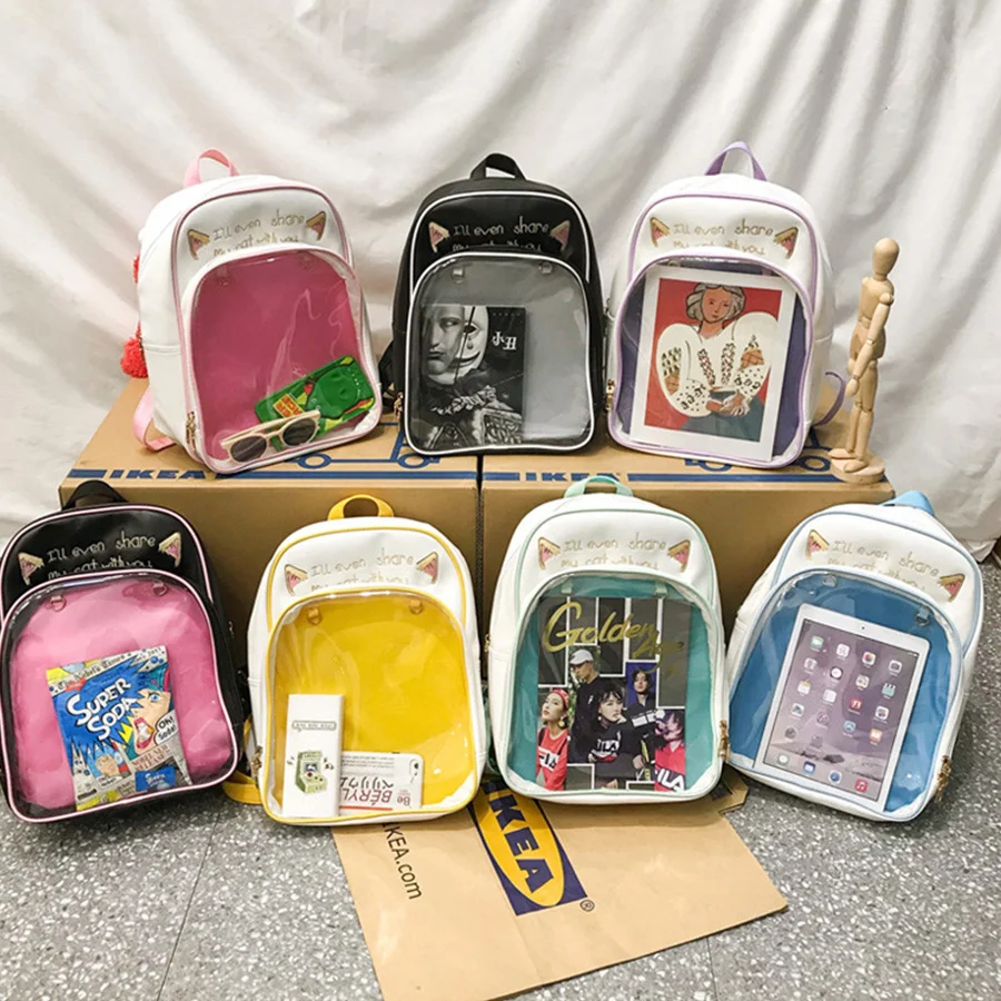 

Clear PVC Transparent Cartoon Shoulder Backpack Women PU Letter Harajuku Rucksack For Teenage Girls Cute JK Itabag Mochila Mujer