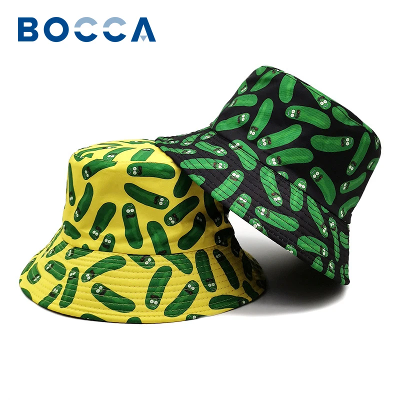 

Bocca Cucumber Print Bucket Hat Cartoon Panama Fisherman Hats Unisex Men Women Double Sides Reversible Outdoor Sunscreen Cap