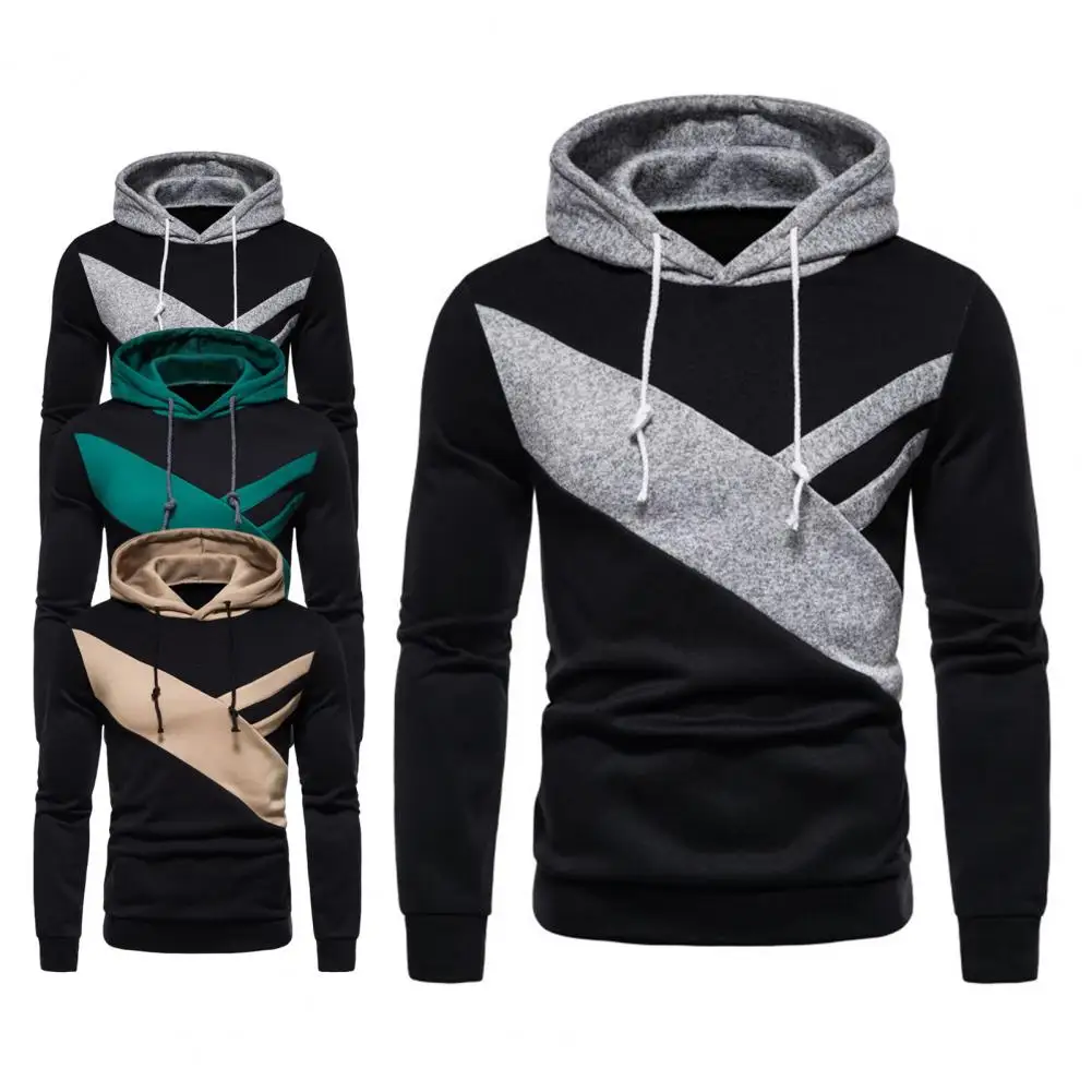 

Men Hoodie Contrast Colors Elastic Cuff Autumn Hoodie Patchwork Long Sleeve Drawstring Male Hoodie For Daily Wear