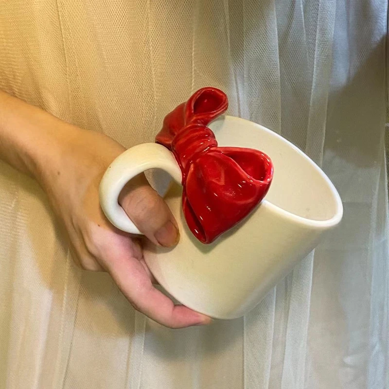 

Ins Creative Water Cup Ceramic Mug Dishwasher-safe Nordic Coffee Cups with Big Bowknot Handrip Tea Milk Ceramics Big Juice Mugs