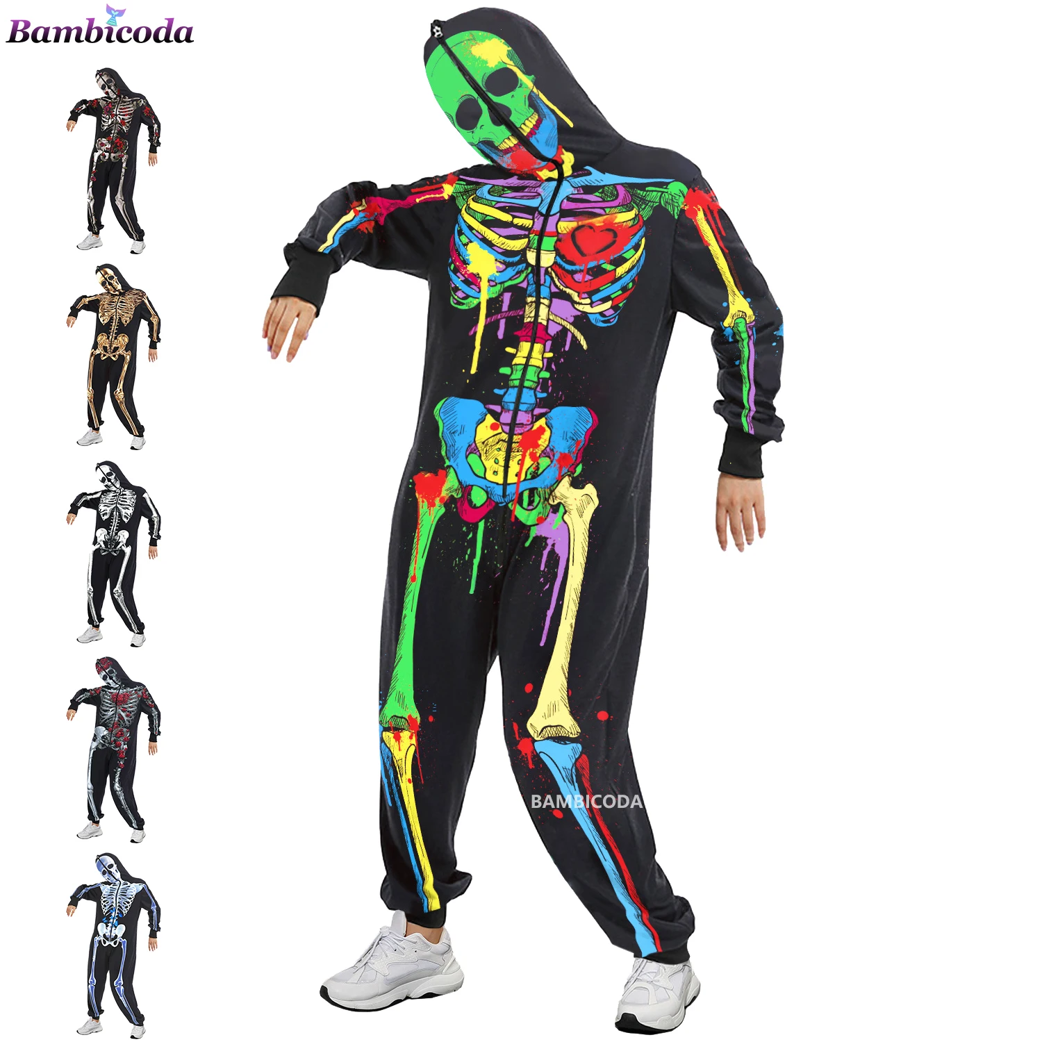 

Halloween Carnival Jumpsuit Adults Men Hoodie Women Scary Skeleton Cosplay Costumes Fancy Day of The Dead Dress Up Party Devil