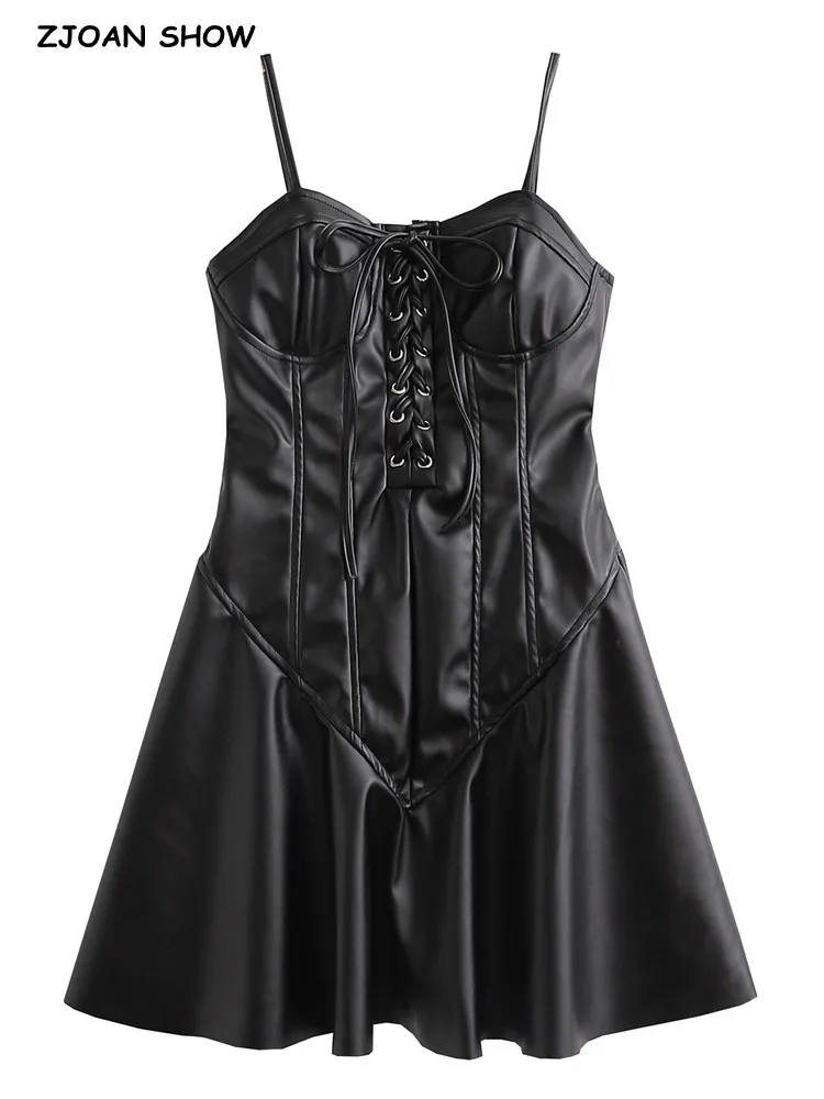 

2022 сексуальный Однотонный черный бюстгальтер из искусственной кожи, корсет, стильное мини-платье на бретелях-спагетти, женские вечерние ко...