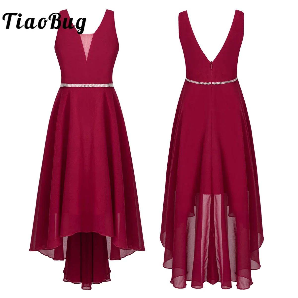 

Kids Girls High Low Chiffon Dress Rhinestone V-neck Princess Party Wedding Dress New Ballet Lyrical Ballroom Dancing Costumes