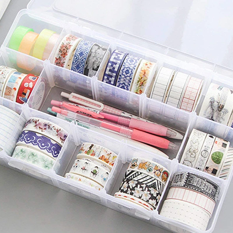 

15 Grids Desktop Tape Storage Box Mini Paper Sticker Tape Box Plastic Transparent Plastic Case Craft Organizer
