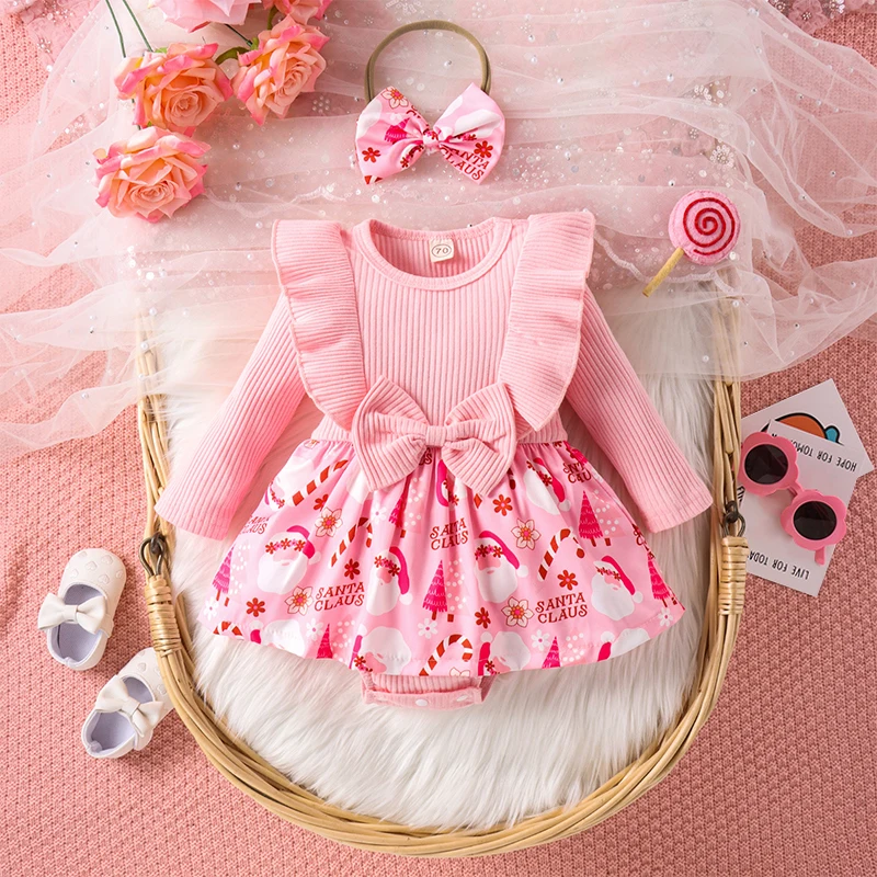 

Christmas 0-2Y Baby Girls 2Pcs Outfits Long Sleeve Bow Front Romper Dress with Headband Set Newborn Clothes