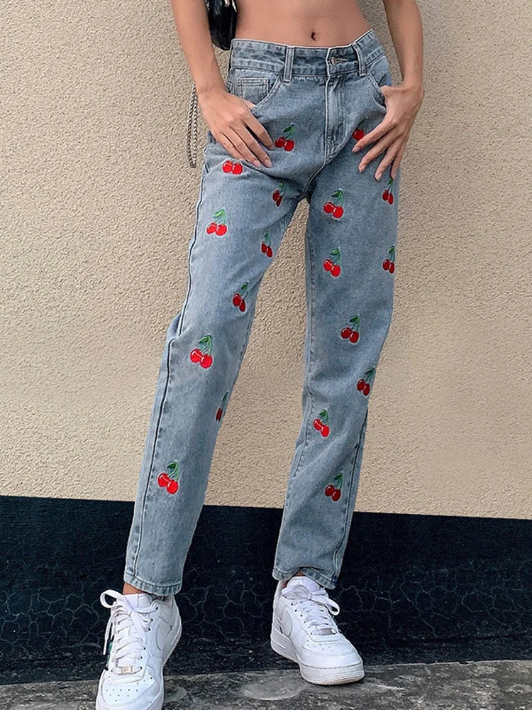 

Cherry Embroidered Small Feet Washed Skinny Jeans 2022 Autumn Vintage Fashion Street Shoot New Pants Woman Trousers Women Urban