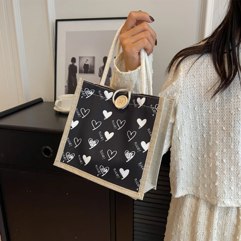 

Cute Love Linen Button Zipper Handbag Women Tote Large Capacity Grocery Bag Gift Bag Beach Organizer Portable Shopping Lunch Bag