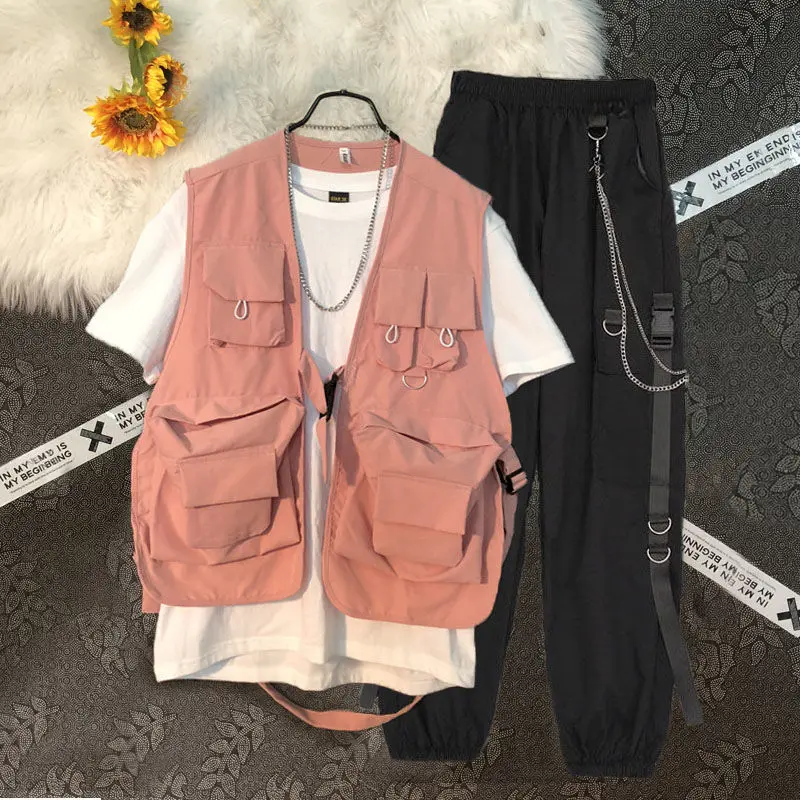 

Брюки унисекс Y2K из трех частей с парашютом, весна 2023, уличная одежда Harajuku, свободная футболка с короткими рукавами + рабочий жилет, брюки-карго