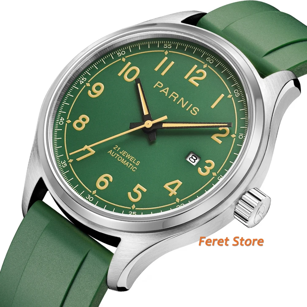 

Parnis 43mm Men's Automatic Mechanical Watches Calendar Leather Strap Green Dial Sapphire Glass Leisure Series Men Wristwatch