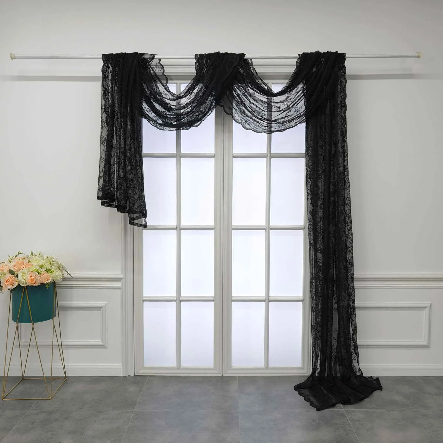Black Luxury Floral Embroidery Elegant Jacquard Sheer Scarf Valance Extra Long Voile Wedding Arch Bed Canopy Party Backdrop