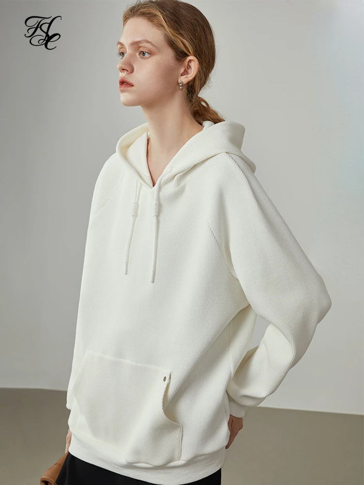 

FSLE Women Long Sleeves Hoodies Loose Lazy Style Waffle Sweater Tops Pullovers Drawstring White Simple Commuter Hoodies
