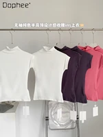 women summer pink sleeveless t shirt casual half turtleneck waist controlled tops o neck solid color bottoming shirt woman 2022