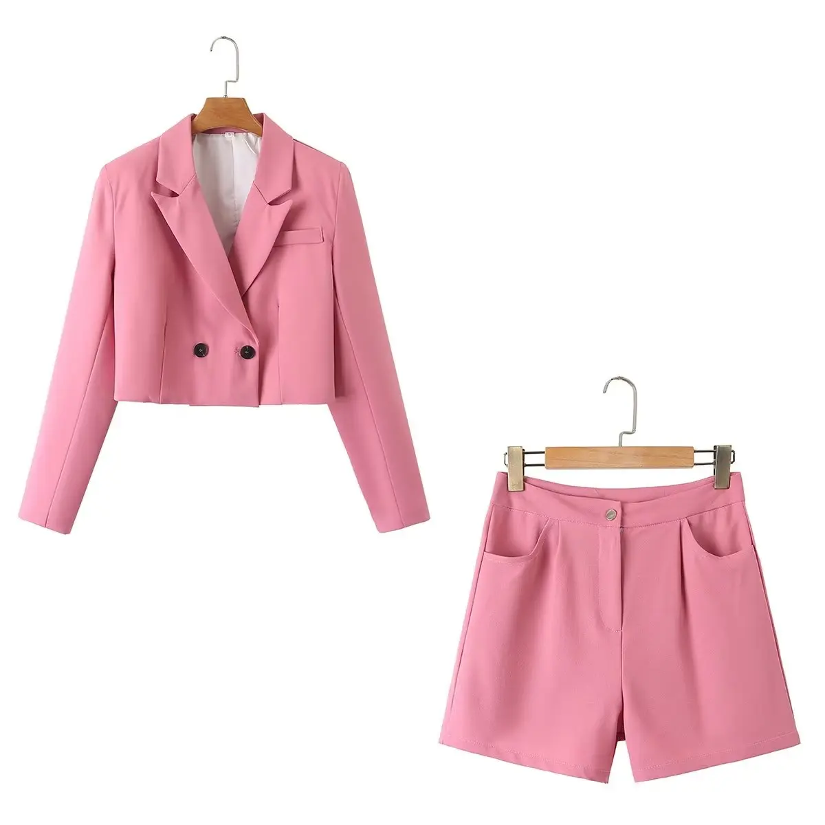 

Set Women 2 Pieces 2023 New Fashion Summer Leisure Short Blazer Coat Vintage Female Pink Shorts Outerwear Chic