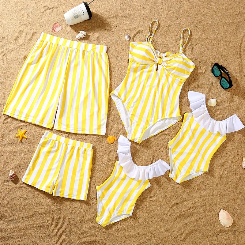 Summer 2022 Mommy and Daddy Son Daughter Clothes Clothing Bikini Sandbeach Swimsuit Family Matching Outfits Stripe Swimwear