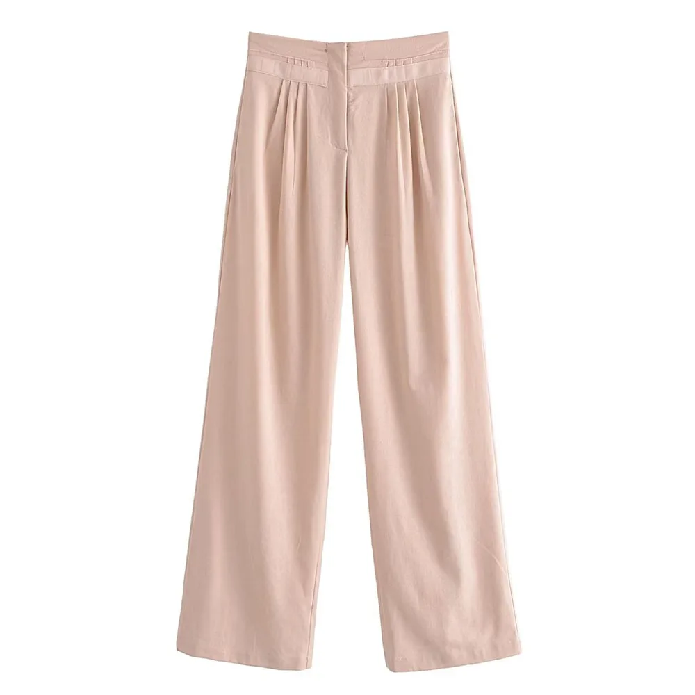 

PB&ZA Women 2023 Summer New Fashion Linen Blend Casual Versatile Pleated Pants Retro Back Waist Bow Decoration Pants