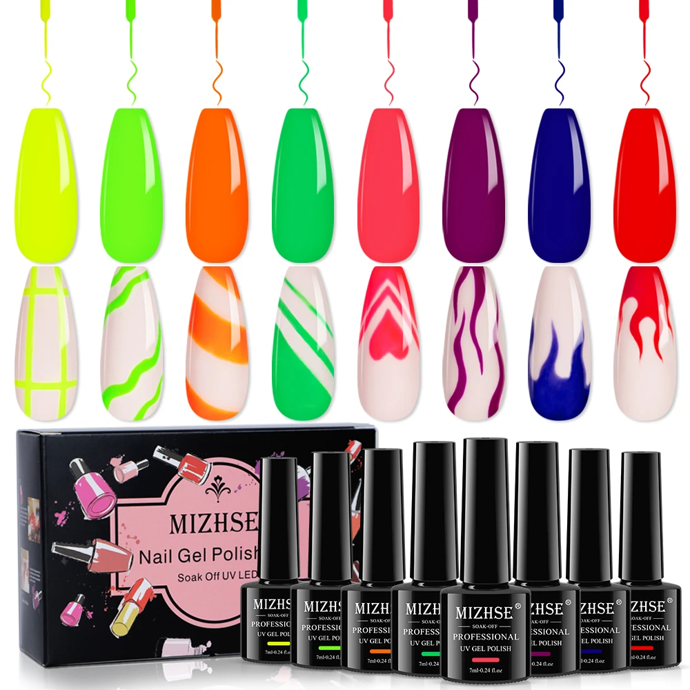 

MIZHSE 8PCS Nail Art Line Gel Nail Polish Neon Drawing Nail Gel Semi-permanent UV/LED DIY Paint Gel Varnish For Nail Art Design
