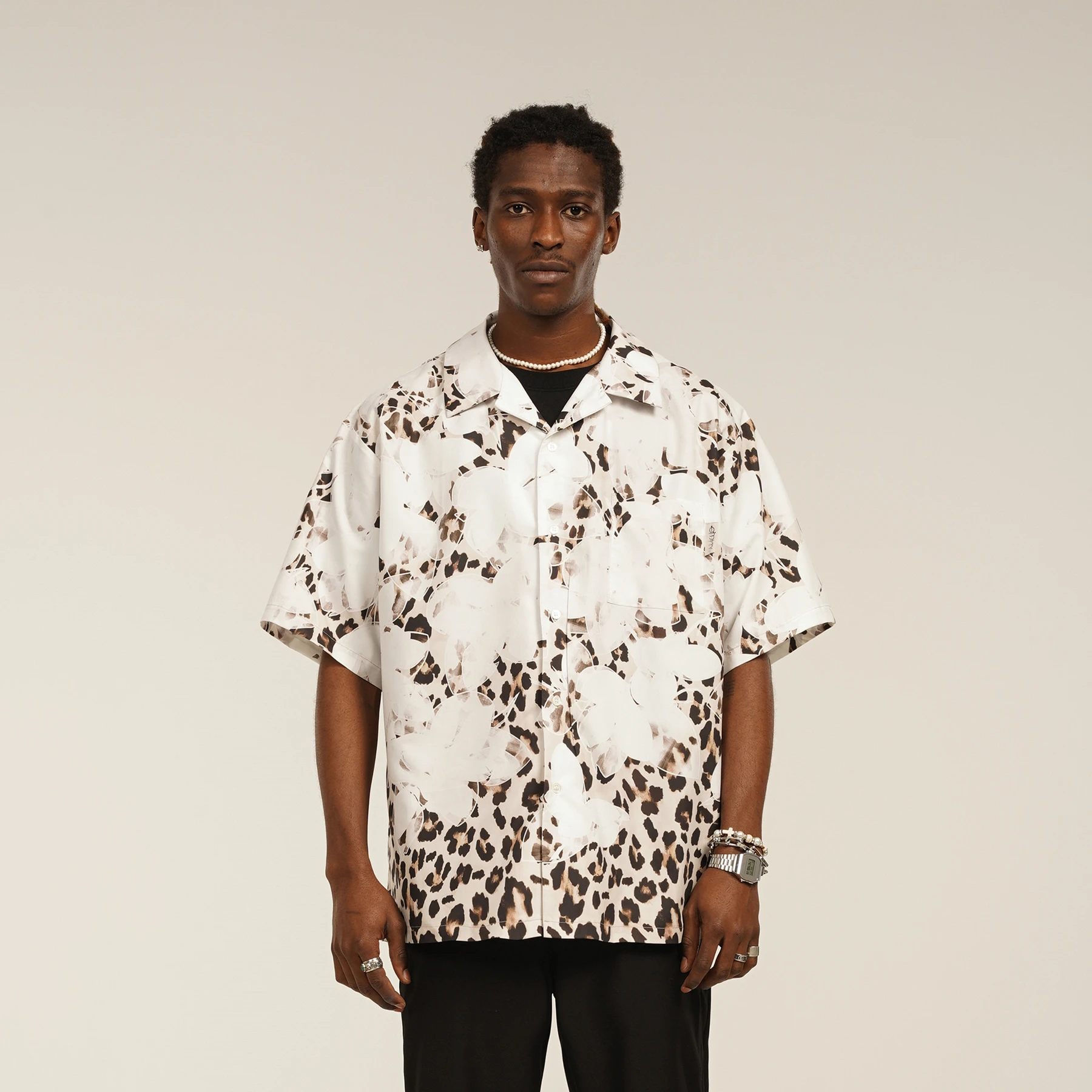 EMPTY REFERENCE 21ss Beige Leopard Print Floral Print Short Sleeve Shirt Men's Summer Trend Loose Shirt streetwear fashion