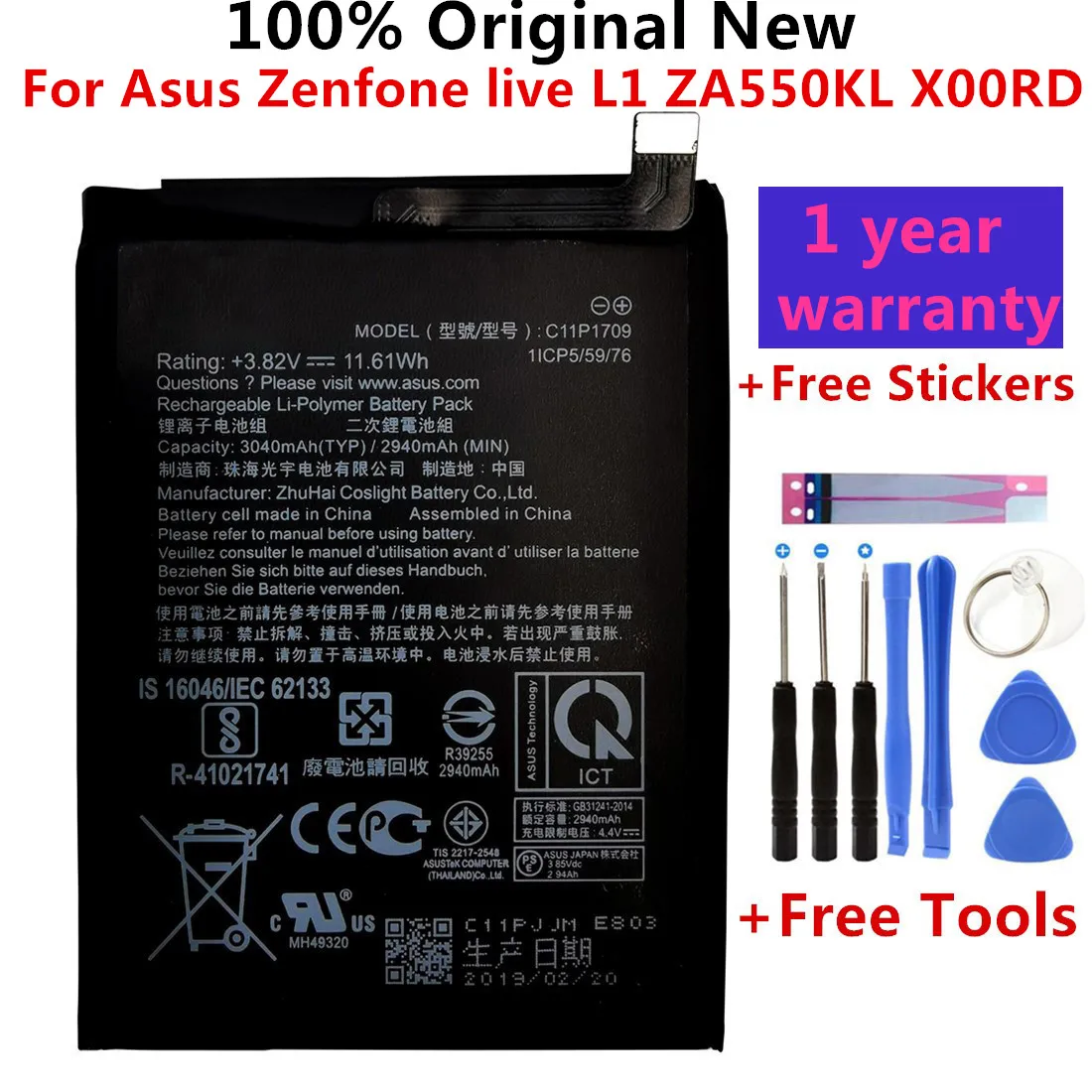 

100% Original High Capacity C11P1709 Phone Battery For Asus Zenfone live L1 ZA550KL X00RD 3040mAh +Free Tools