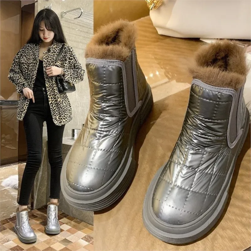 

Новые зимние ботинки 2022, женские ботильоны на Плоском Каблуке, Теплые ботильоны из нейлона с мехом и круглым носком, женские ботинки с плюше...