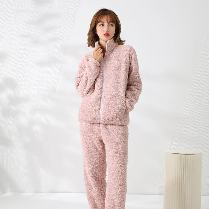 New Winter Women's Cashmere Pajama Suit Warm Long Sleeved Shirt Trousers Korean Fashion Solid Color Basic Household Clothes