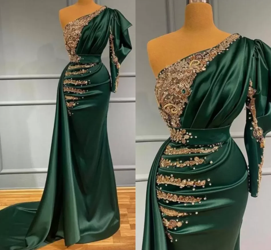 

Charming Satin Dark Green Mermaid Evening Dress with Gold Lace Appliques Pearls Beads One Shoulder Pleats Long Formal Occasion