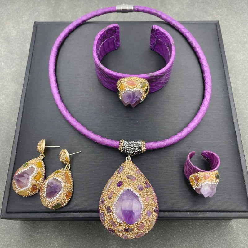 Natural mineral amethyst stone necklace set High-end luxury snakeskin rhinestone jewelry set Women's wedding banquet bestjewelry