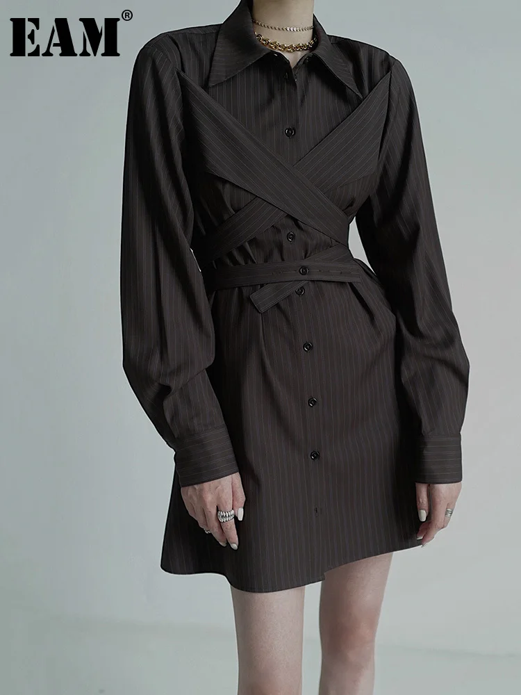[EAM] Women Black Striped Bandage Elegant Shirt Dress New Lapel Long Sleeve Loose Fit Fashion Tide Spring Autumn 2023 1DF4920