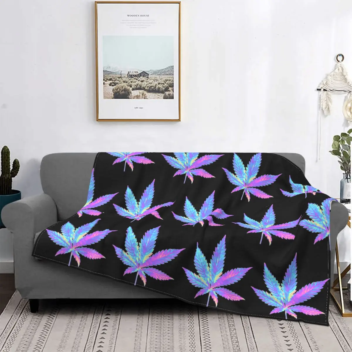 

Holographic Weed Rainbow Cannabis Leaf Blankets Flannel Spring/Autumn Breathable Soft Throw Blanket for Sofa Bedroom Quilt