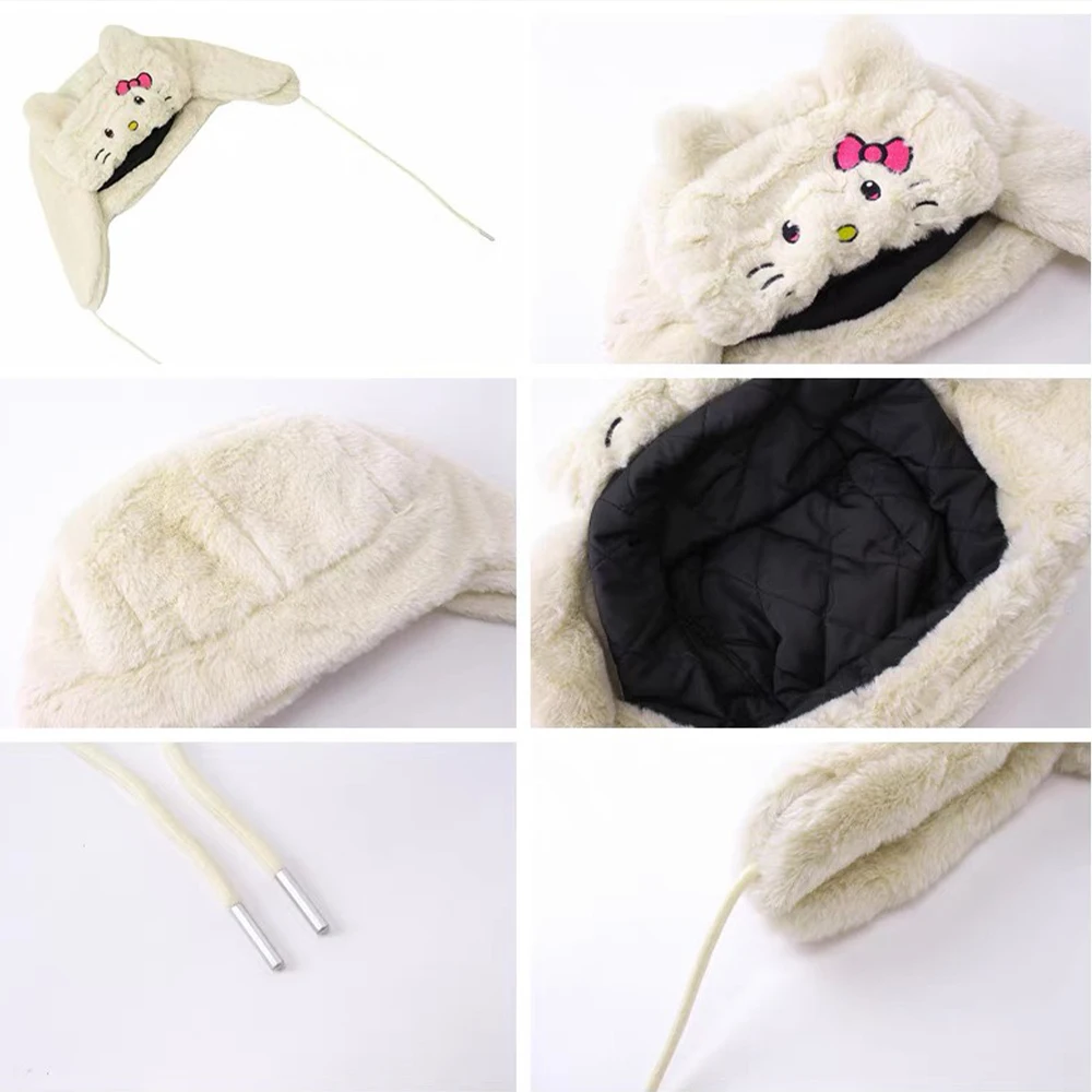 Кавайная плюшевая шапка Hello Kitty Sanrios зимняя уличная с мультяшным аниме рисунком