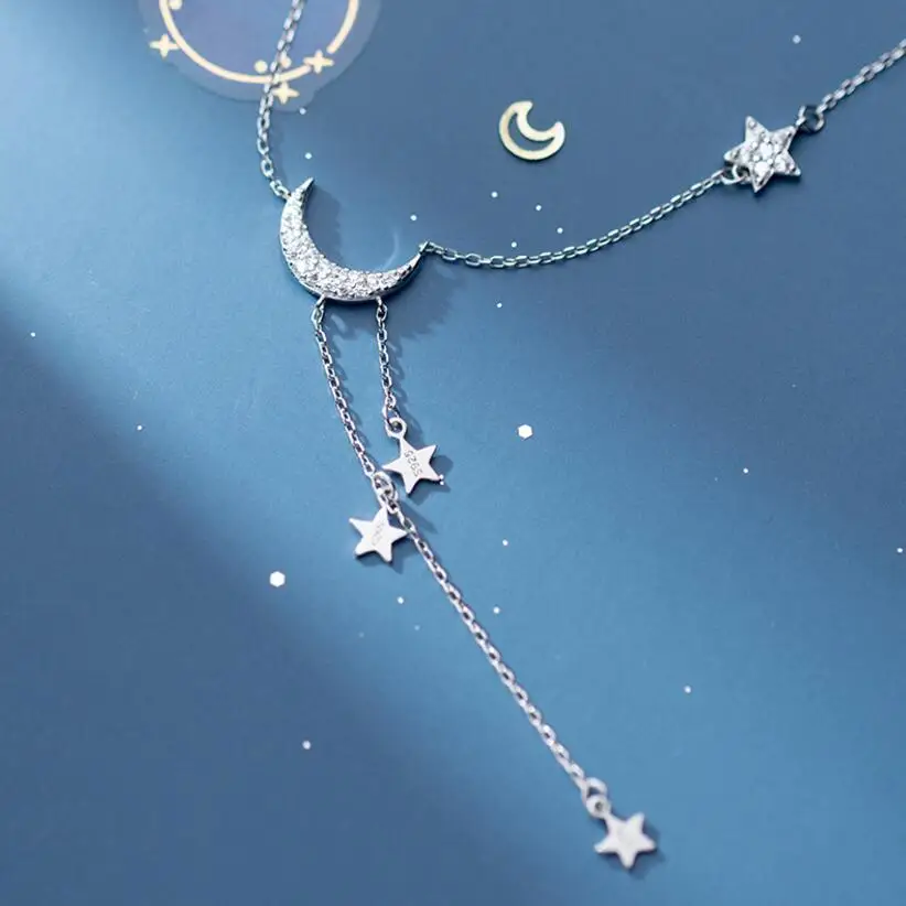 

Real 925 Sterling Silver Sweet INS Star Moon Tassel Pendant Clavicle Choker Necklace For Women S925 Jewelry DA1743