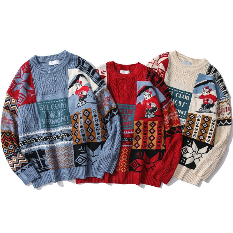 

2022 Japanese Style New Year Knitted Sweater Vintage Harajuku Pullover Knit Winter Men Loose High Quality Oversized Sweater Tops