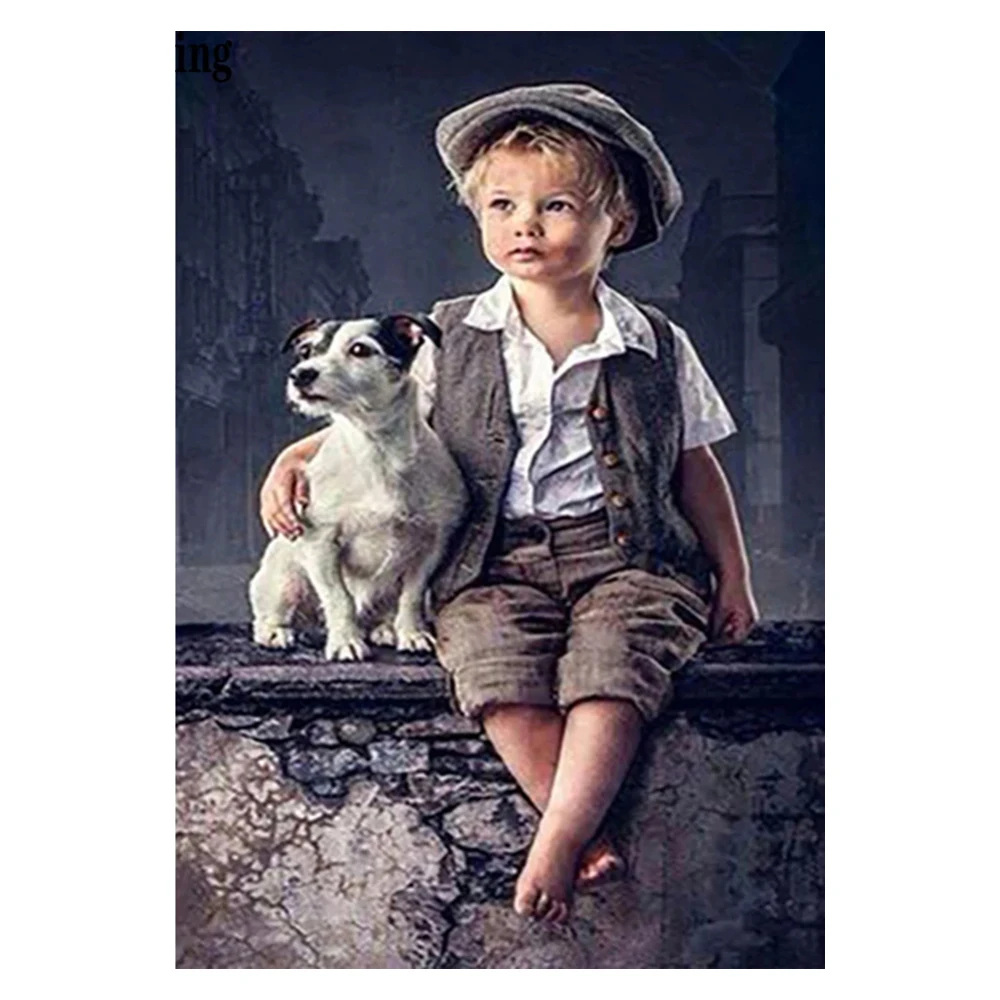 

5D алмазная живопись «сделай сам», маленький мальчик и собака, полностью квадратная, круглая стразы, мозаика, вышивка крестиком, домашнее укр...
