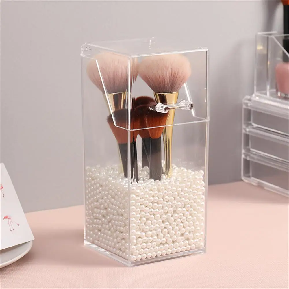 Transparent Desktop Storage Box Acrylic Flip Cover Dustproof Makeup Brush Eyebrow Pencil Square Pearl Makeup Tool Storage Box