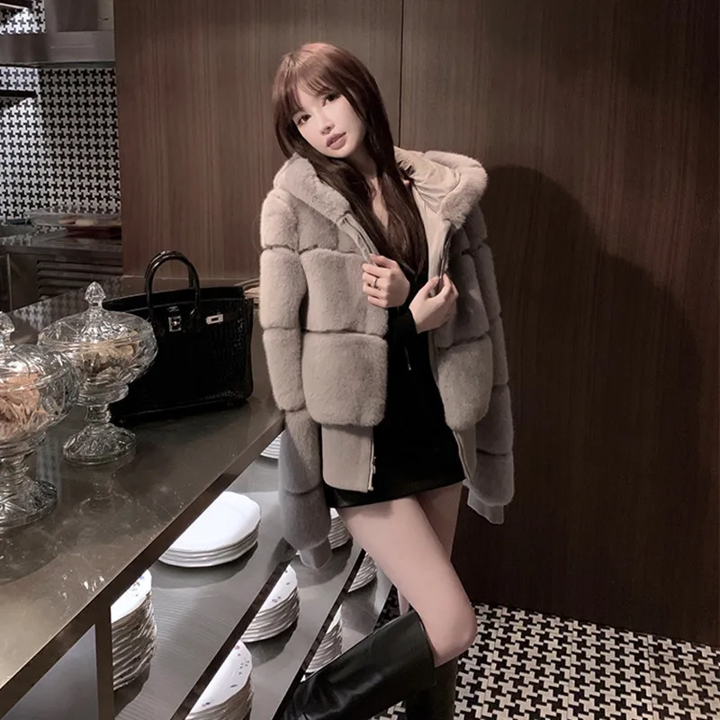 Sable-like eco-friendly fur hooded long-sleeved casual Mao Mao coat