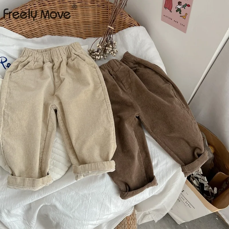 

Freely Move 2022 Spring Children Casual Pants Girls Solid Corduroy Harem Pants Kids Loose Trousers Vintage Boys Pants Clothes