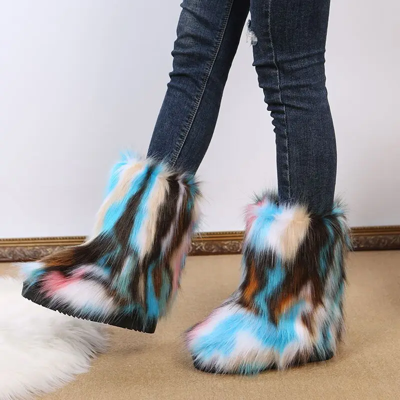 Women Snow Boots Outdoor Winter Luxury Furry Faux Fur Boots Ladies Plush Boots Long Warm Fur Boots Fashion Shoes Big Size