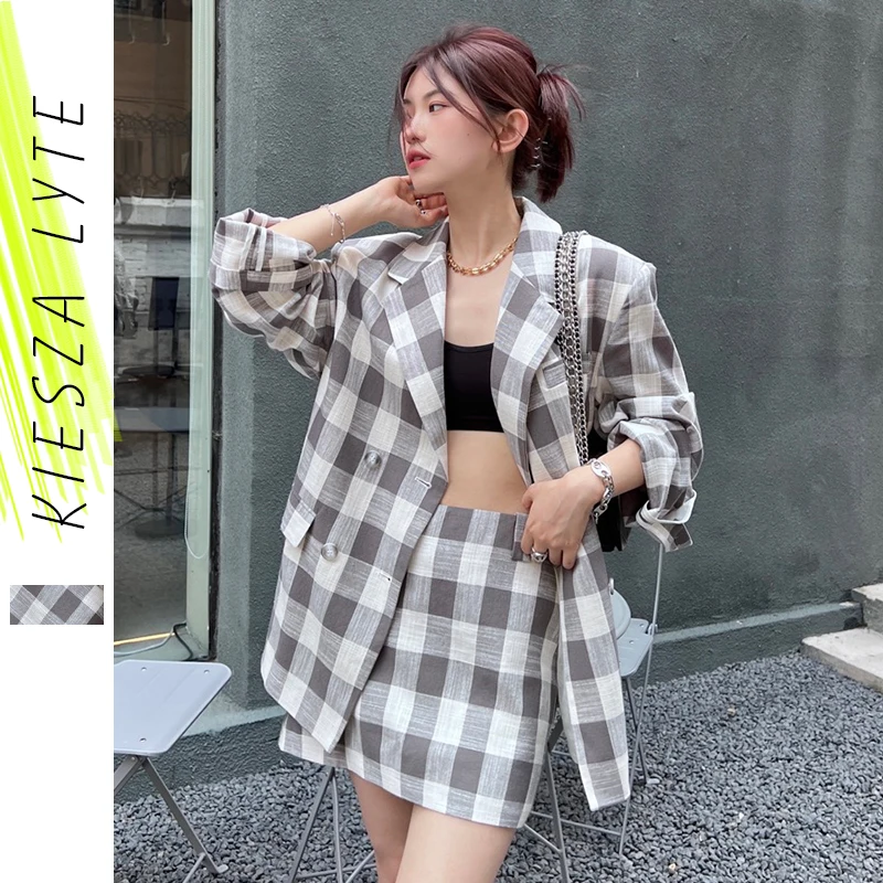 

Casual Mini Skirts Fashion Linen Plaid Suit Jacket and Short Skirt Sets Two Piece Set for Women's Outfits