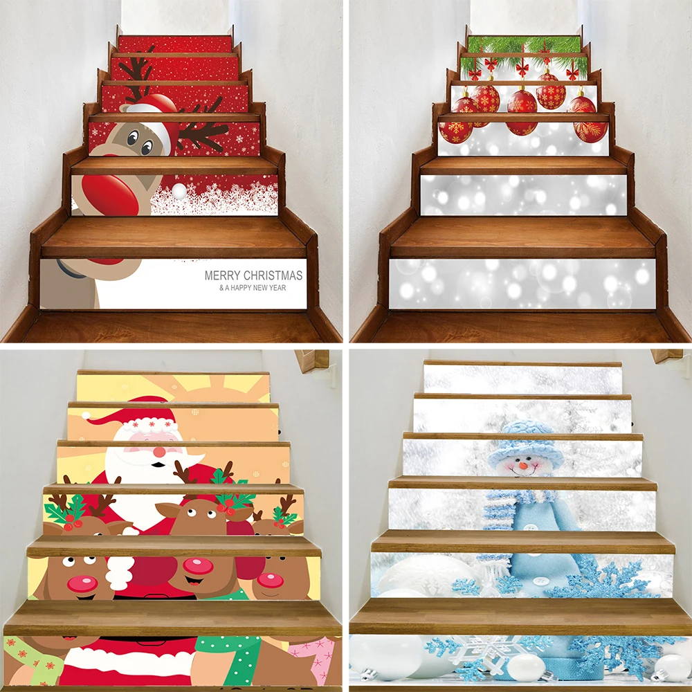 

6/13PCS Christmas Stair Stickers Festival Decoration Waterproof PVC Cartoon Santa Claus Elk Design Staircase Riser Mural Cover
